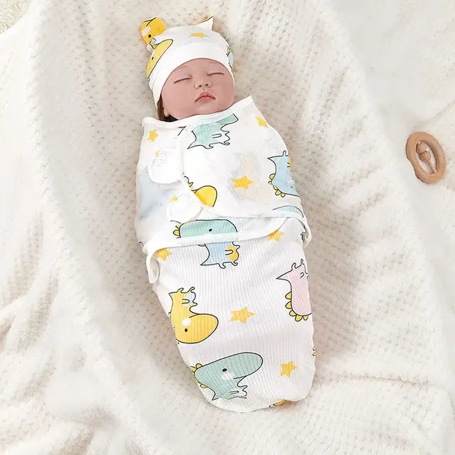 Newborn Sleeping Bag Cotton Baby Swaddle Wrap Adjustable Newborn Sleepsack Hat Set