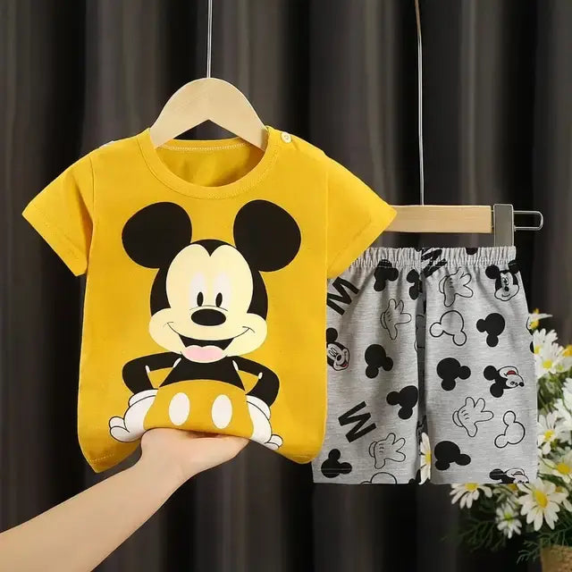 2pc/set Mickey Baby Summer Clothes Children's Tracksuit Short Sleeved Suit Girls Boys T-shirt + Shorts Outfits Disney 1-4 Age