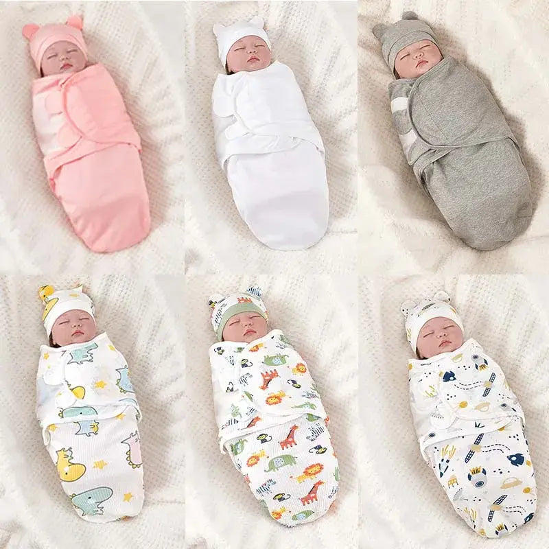 Newborn Sleeping Bag Cotton Baby Swaddle Wrap Adjustable Newborn Sleepsack Hat Set