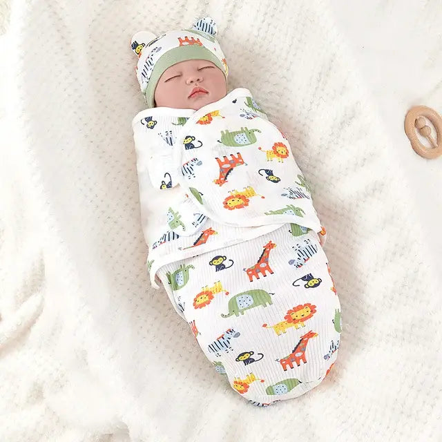 Newborn Sleeping Bag Cotton Baby Swaddle Wrap Adjustable Newborn Sleepsack Hat Set