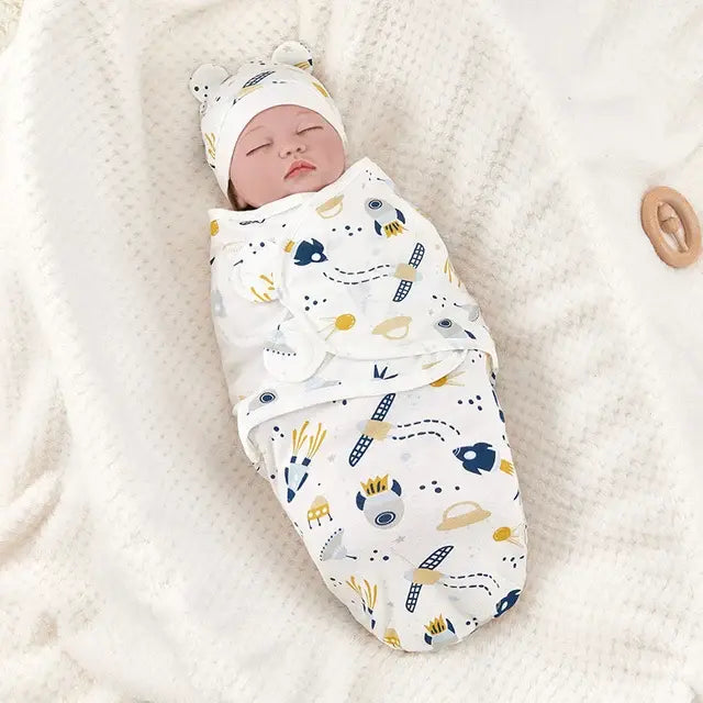 Newborn Sleeping Bag Cotton Baby Swaddle Wrap Adjustable Newborn Sleepsack Hat Set