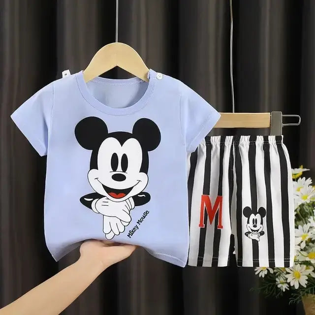 2pc/set Mickey Baby Summer Clothes Children's Tracksuit Short Sleeved Suit Girls Boys T-shirt + Shorts Outfits Disney 1-4 Age