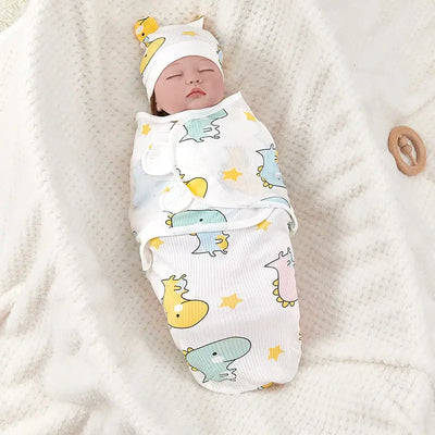 Newborn Sleeping Bag Cotton Baby Swaddle Wrap Adjustable Newborn Sleepsack Hat Set